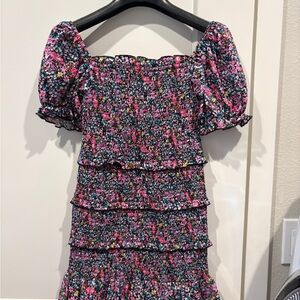 Katie J Smocked Tiered Floral Mini Dress - Pink & Black (Size 12)